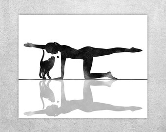 Yoga print, Woman and cat, Yoga wall art, Balancing Cat Cow pose, Yoga with pet, Black watercolor, Yoga studio decor, Instant download
