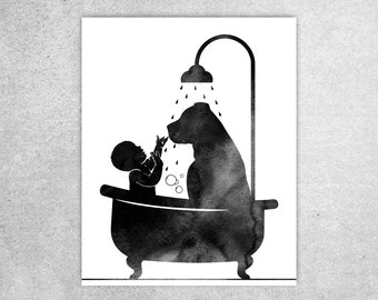 Baby and Rottweiler in bathtub, Dog art, Dog print, Bathroom decor, Nursery decor, Gift for mom, Baby and dog print, Instant download