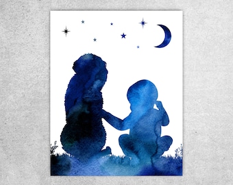 Baby and Doodle mix under the moon print, Wall art, Dog print, Looking the Moon nursery, Dog back sitting, Labradoodle art, Instant download