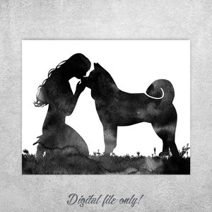Hond art print, vrouw en hond, kunst aan de muur, zoenen met de hond, vrouw en Akita, zwarte aquarel, hond moeder cadeau, Instant download