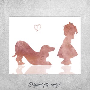 Dachshund wall art print, Girl and dog, Toddler baby girl, Love, Rose gold, Kids room decor, Dog print, Mothers day gift, Instant download