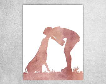 Dog art print, Kissing a dog, Wall art, Woman with Labrador, Dog lovers gift, Dog poster, Rose gold wall art, Dog mom gift, Digital download