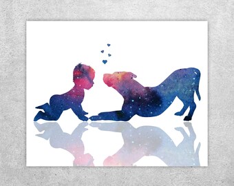Pitbull Terrier Watercolor Print: Baby and Dog Art (Digital Download)