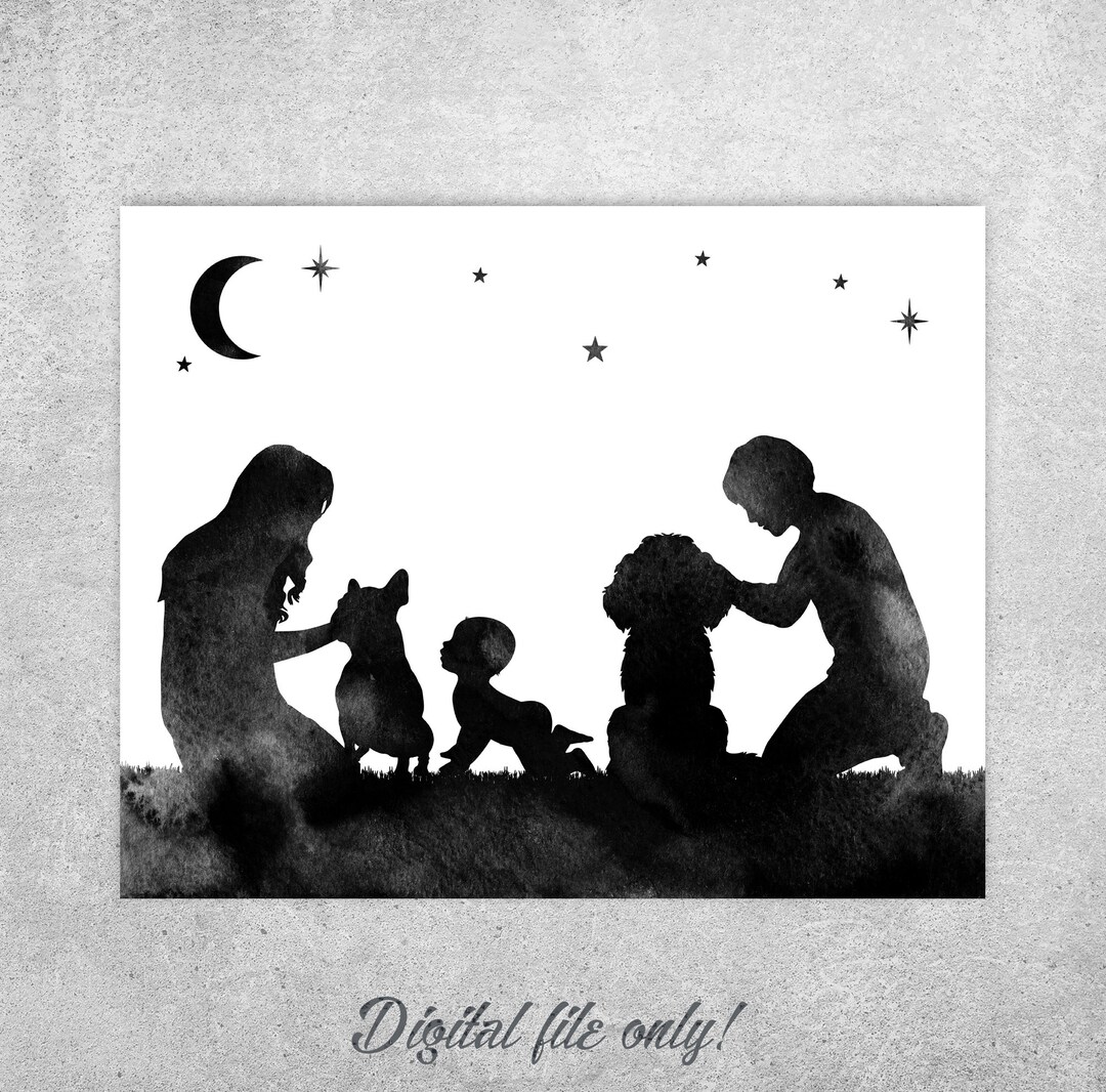 Custom Family Silhouette Art Print: Mother, Father, Baby, Dog (instant ...