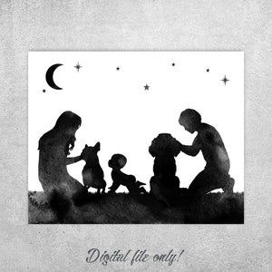 Custom silhouette, Mother Father baby Dog print, Family wall art, Couple and baby, Couple and dog, Printable, Dog breed, INSTANT DOWNLOAD