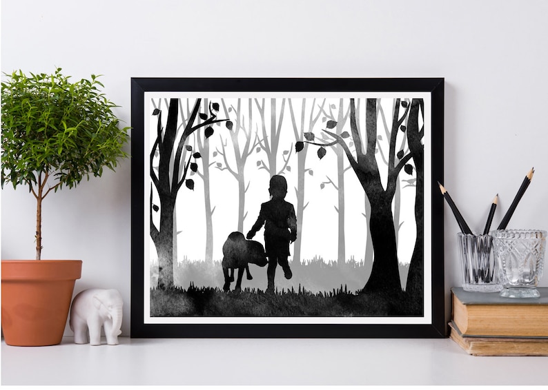 Woodland nursery Mothers day gift Instant download Printable Watercolor painting Little boy and dog Labrador art print Forest print