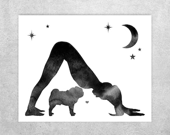Yoga Pug Print: Black Art, Downward Dog Pose (Digital Download)