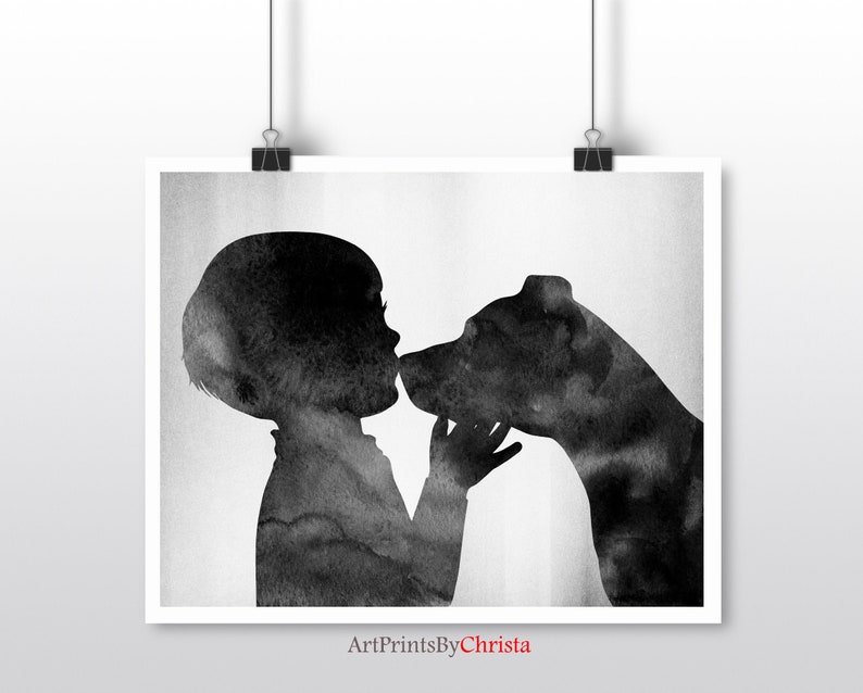 Mothers day gift Boy kissing a pit bull Kids room wall art Watercolor print Nursery decor Pit bull print Boy and dog Instant download