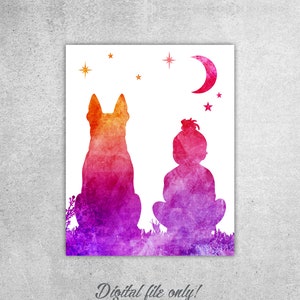 Pitbull and Girl Nursery Art Print: Stars, Moon Decor (Digital Download)