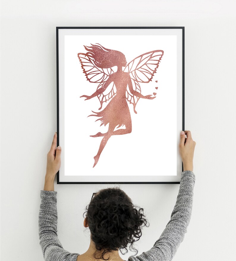 Fairy wall decor, Rose gold watercolor, Black and white, Girls room printable art, Fairy art print, Digital downloading, Girly gift image 4