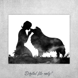 Vrouw met hond print, collie art print, zoenen haar hond, moderne WALL ART, hond moeder cadeau, hond aquarel, hondenliefhebbers cadeau, instant download