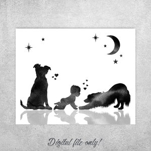 Border Collie Baby Print: Nursery Decor, Moon & Stars (Instant Download)