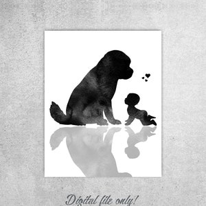 São Bernardo sentado com um bebê PRESENTE, Impressão moderna em aquarela, Impressão de bebê e cachorro, Presente de gênero neutro, Decoração de berçário, DOWNLOAD INSTANTÂNEO