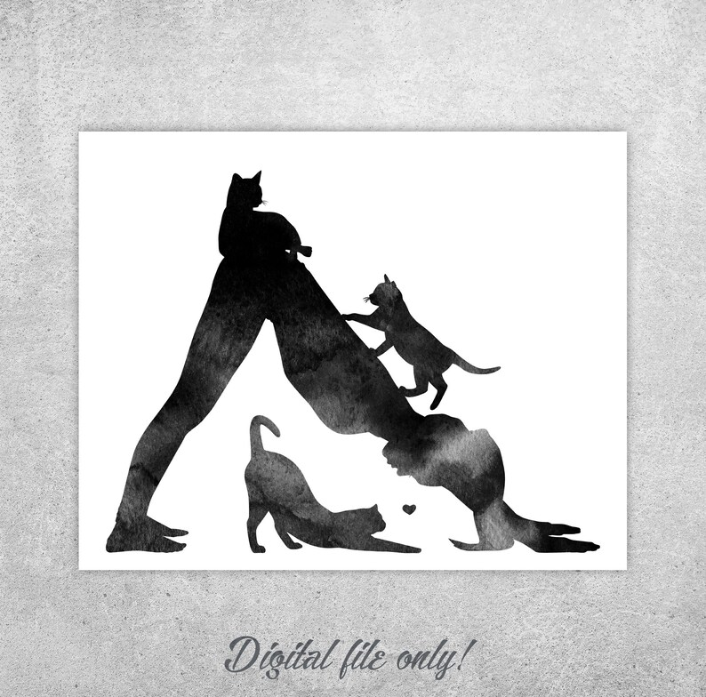 Yoga Wall Art Woman With 3 Cats Print Downward Dog Pose Etsy
