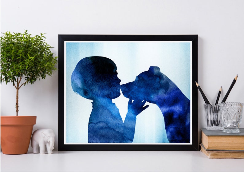 Mothers day gift Boy kissing a pit bull Kids room wall art Watercolor print Nursery decor Pit bull print Boy and dog Instant download