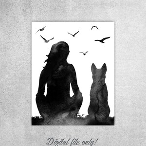 Ganado australiano y mujer sentada de espaldas, Mujer y perro, Impresión de pájaros, Decoración para amantes de los perros, Red Heeler, Acuarela negra, DESCARGA INSTANTÁNEA