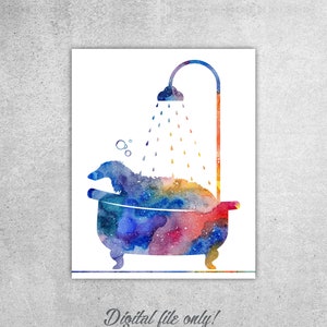 Borzoi Dog in Tub Print: Rainbow Watercolor Bathroom Art (Digital Download)
