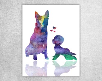 Dog wall decor, Baby and dog art print, Kai ken dog, Pregnancy announcement, Nursery wall art, Colorful watercolor, Digital downloading