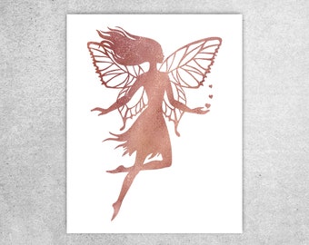 Fairy wall decor, Rose gold watercolor, Black and white, Girls room printable art, Fairy art print, Digital downloading, Girly gift