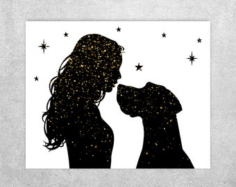 Great Dane no cropped ears, Pet GIFT, Woman kissing a Great Dane, Black glitter, Digital downloading, Dog lovers gift, Printable wall art