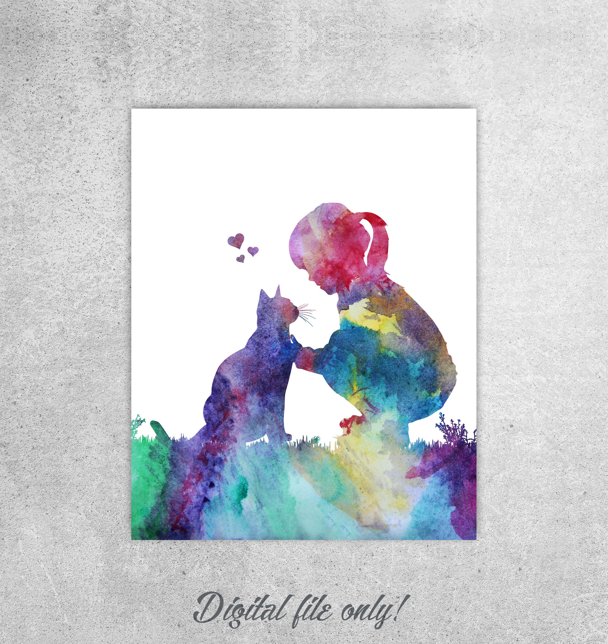Pastel Watercolor, Cat Print, Wall Art, Girl With Cat, Girls