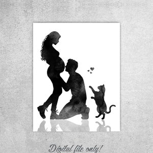Faire-part de grossesse, Couple et chat, Homme embrassant le ventre de femme enceinte, Aquarelle de chat, Femme enceinte, Impression chat, TÉLÉCHARGEMENT IMMÉDIAT
