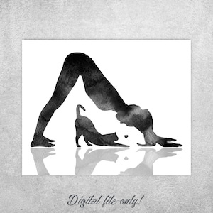 Woman and cat doing yoga, Wall art, Downward dog pose, Printable, Watercolor print, Cat stretching, Yoga gift, Instant download