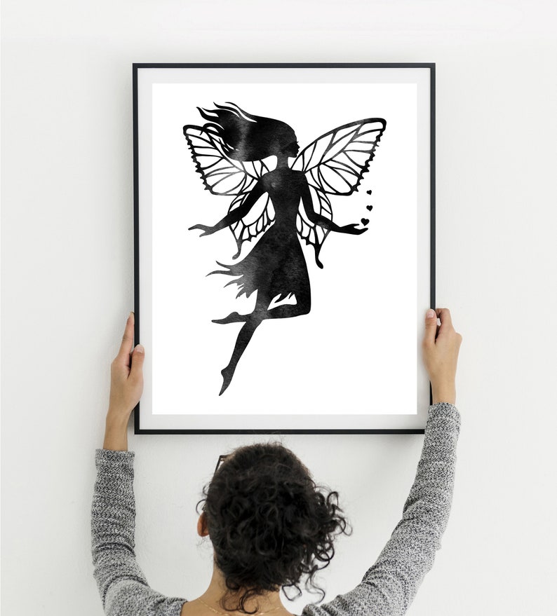 Fairy wall decor, Rose gold watercolor, Black and white, Girls room printable art, Fairy art print, Digital downloading, Girly gift image 5