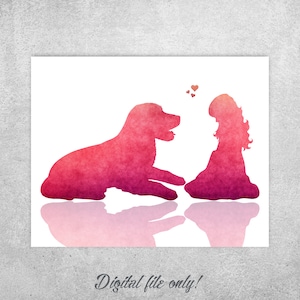 Jolie petite fille assise avec son chien, Golden Retriever allongé, cadeau de race de chien, art mural, impression fille et chien, téléchargement immédiat