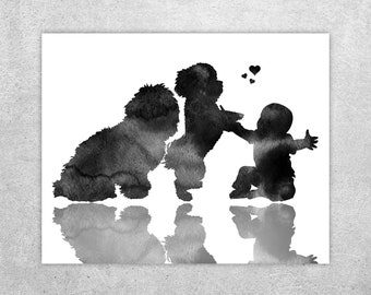 Baby with dogs, Poodle dogs art PRINT,  Pregnancy announcement, Baby and poodles, Watercolor, Neutral gender gift, Instant download