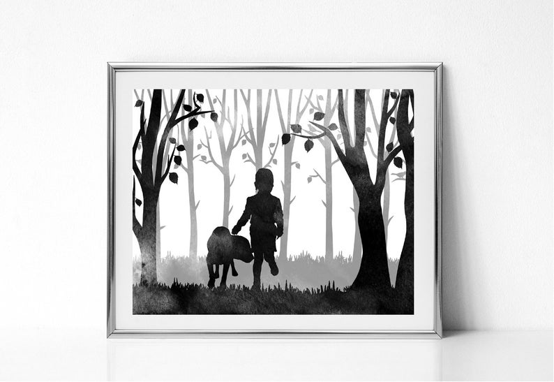 Woodland nursery Mothers day gift Instant download Printable Watercolor painting Little boy and dog Labrador art print Forest print