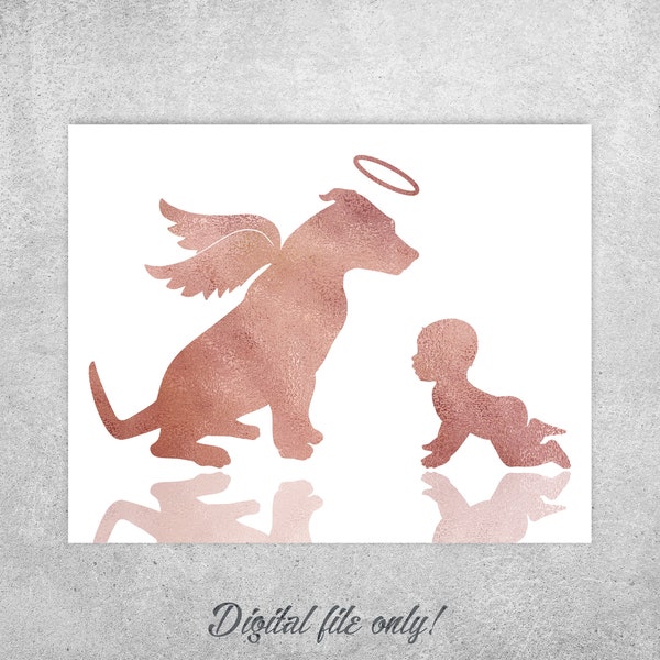 Dog with wings, Baby and dog art print, Pit bull with wings and a halo, Dog passing gift, Memorial art, Rose gold Pitbull, Instant download