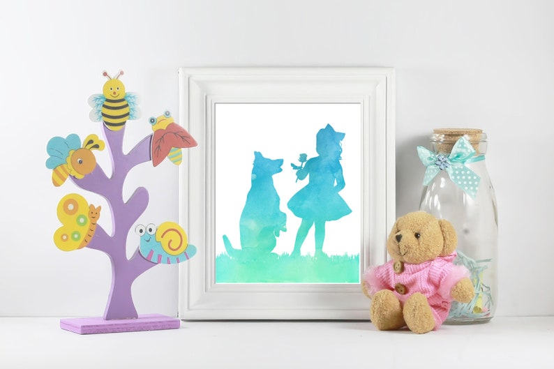 Girl and dog print Holding a flower Tutu dress German Shepherd print Instant download Nursery print Kids room decor Little girl art