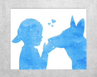 German shepherd print, boy Hip hop cap, Boy and dog, Blue Pastel, Boys room decor, Nursery wall art, INSTANT DOWNLOAD