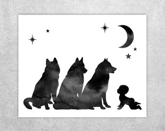 ON SALE! Baby with 3 huskies, Husky wall decor, Baby print, Dog print, Pregnancy announcement, Watercolor, Nursery print, Instant download