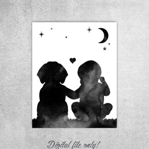 Dackel mit Baby auf dem Rücken, Bild, Baby und Hunde Druck, Kinderzimmer Mond Sterne, Baby Geschenk, SOFORTIGER DOWNLOAD, Baby Druck