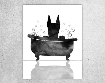 Doberman in tub print, Dog print, GIFT, Bathroom wall art, PEEKABOO dog, Printable wall art, Dog lovers gift, Dog in tub, Instant download