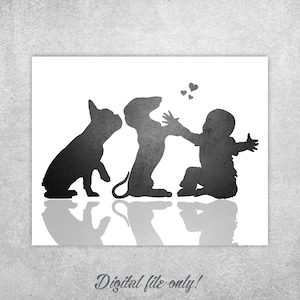 Baby and Dogs Art Print: Dachshund, French Bulldog Nursery Decor (Digital Download)