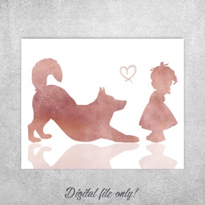 Husky und Mädchen Kunst Druck: Kinderzimmer Deko, Hund streckt sich (Digitaler Download)
