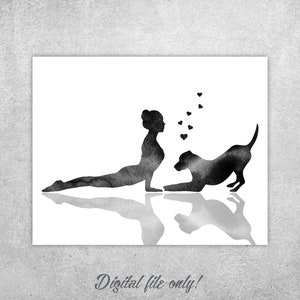 Yoga room decor, Woman with dog print, Yoga wall art, Digital downloading, Labrador print, Yoga studio décor, Gift, Upward Facing Dog pose