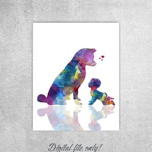 Arte infantil, Impresión de bebé y perro Shiba, Acuarela colorida, Revelación de embarazo, Arte mural de Akita, Regalo para baby shower, Descarga instantánea