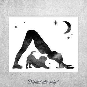 Yoga Woman and Beagle Watercolor Print: Downward Dog Pose (Instant Download)