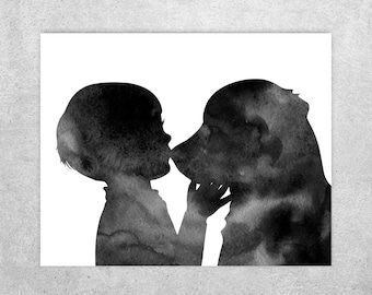 Golden Retriever Watercolor Art Print: Boy and Dog Nursery Decor (Instant Download)