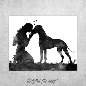 Woman kissing a dog, Watercolor prints, Great Dane no cropped ears, Dog digital print, Dog lovers gift, Printable art, Instant download