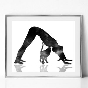 Impresión de acuarela de yoga con gatos: postura del perro boca abajo (descarga digital)