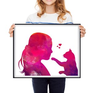 Girl With Cat Art, Girls Room Wall Art, Cat Print, Wall Decor ...