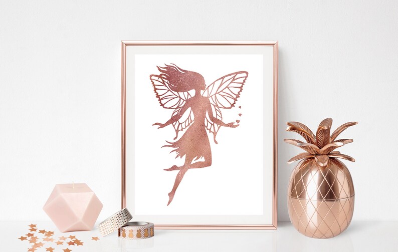 Fairy wall decor, Rose gold watercolor, Black and white, Girls room printable art, Fairy art print, Digital downloading, Girly gift image 7