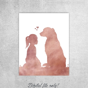 Décoration de chambre d'enfant, chien et petite fille, Golden Retriever, aquarelle or rose, impression d'art chien, art mural chambre d'enfant, téléchargement immédiat