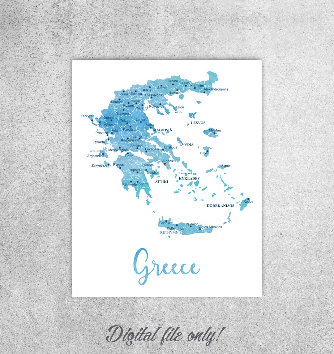 Greece Map Printable, Greece Wall Art, Wanderlust Gift, Greece Print ...