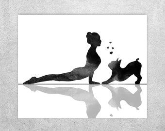 Yoga wall decor, Woman with dog print,  Yoga dog watercolor, Yoga print, Yoga with dog, Boston terrier, Yoga wall art, Digital downloading